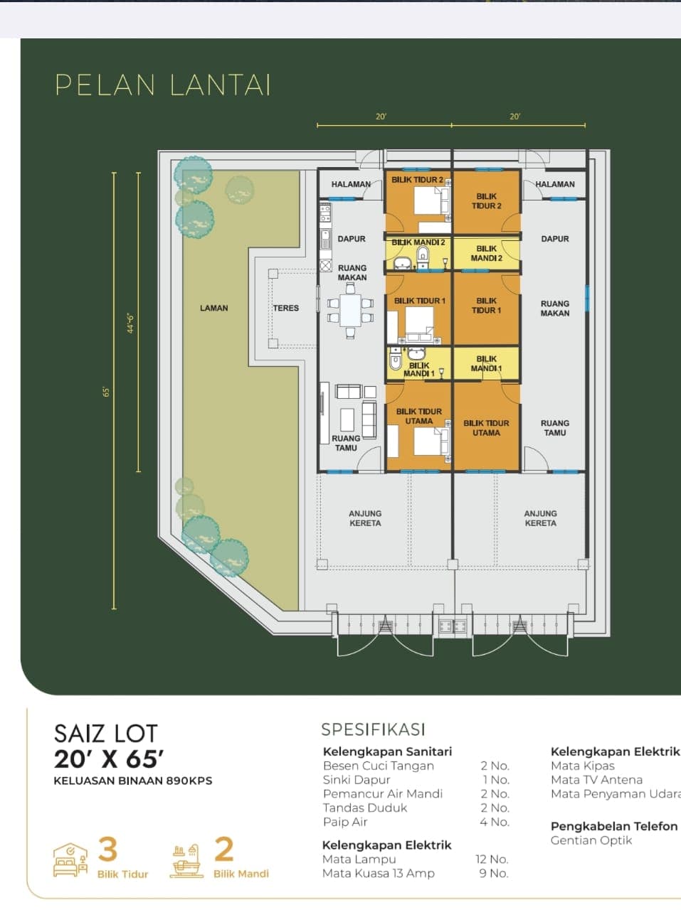Pelan Lantai Santolina Ph3 (20' x 65' • 890 sqft)